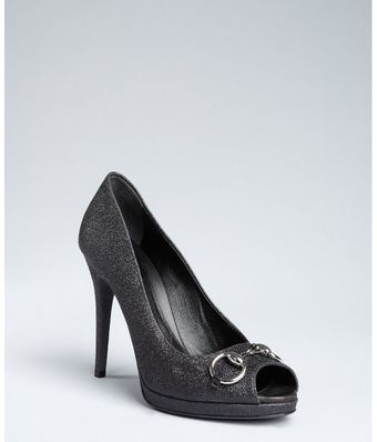  Black Glitter Leather New Hollywood Horsebit Peep Toe Pumps 
