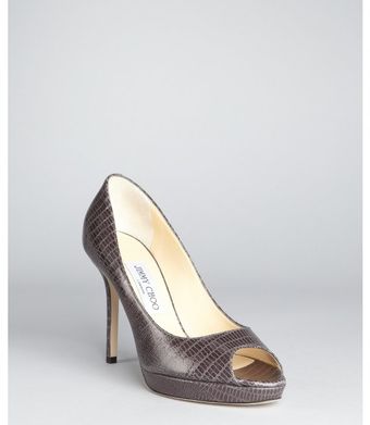  Charcoal Lizard Embossed Leather Peep Toe Platform Heels 