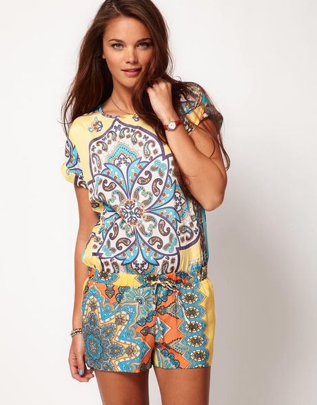 River Island River Island Scarf Mix Playsuit in Yellow - Lyst