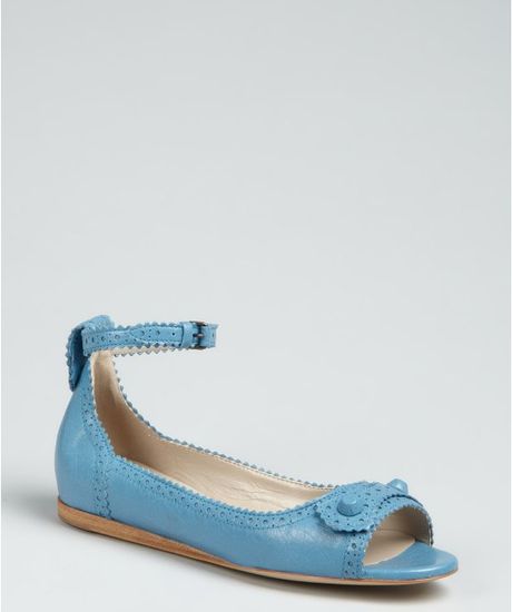 Balenciaga Blue Leather Peep Toe Ankle Strap Flats in Blue - Lyst