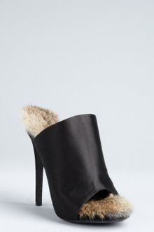 Celine Black Satin Rabbit Fur Lined Peep Toe Pumps - Lyst