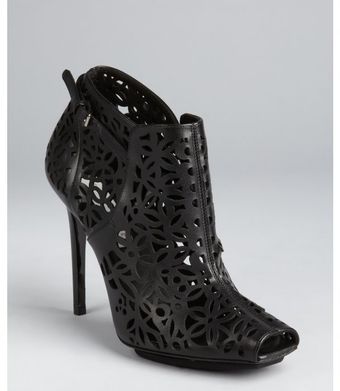  Black Faux Leather Floral Cutout Peep Toe Booties 
