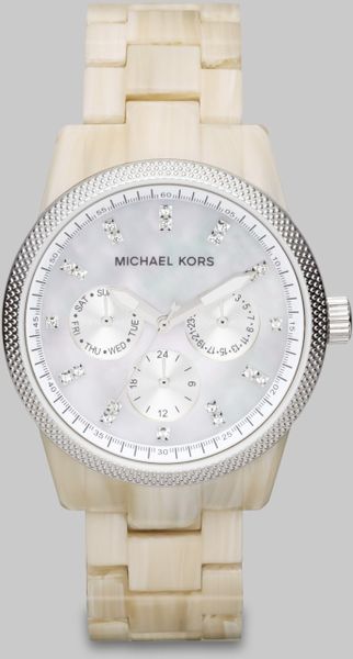 Michael Kors Crystal Accented Acetate Multifunction Watch in Beige - Lyst