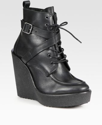  Laceup Leather Moto Wedge Ankle Boots 