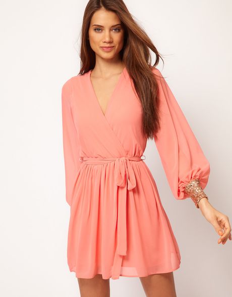Asos Collection Asos Wrap Dress with Sequin Cuff in Orange (coralrosegold) - Lyst