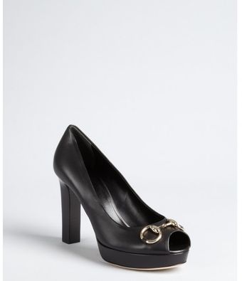  Black Leather Horsebit Peep Toe Platform Pumps 