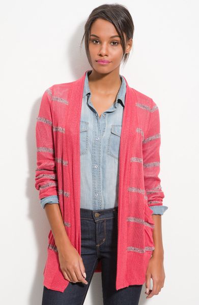 Splendid Sheer Knit Stripe Cardigan in Pink (cayenne) | Lyst