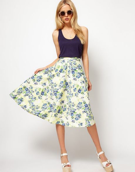 Asos Collection Asos Midi Skirt in Floral Print in Blue (yellowprint) - Lyst
