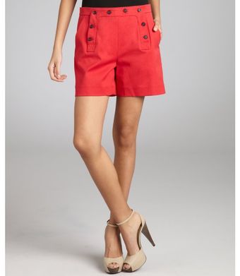 Celine Red Stretch Cotton Twill Front Button Flap Sailor Shorts - Lyst