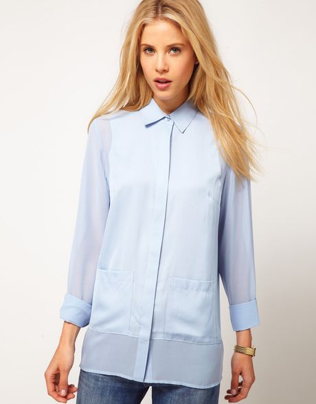 Asos Collection Asos Shirt with Solid and Sheer Panels and Pocket in Blue - Lyst