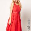 Asos Collection Asos Petite Exclusive Midi Dress with Full Skirt and Crochet Detail in Red - Lyst