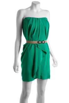 BCBGMAXAZRIA Emerald Pleated Silk Belted Strapless Dress - Lyst