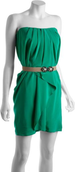 Bcbgmaxazria Emerald Pleated Silk Belted Strapless Dress in Green (emerald) - Lyst