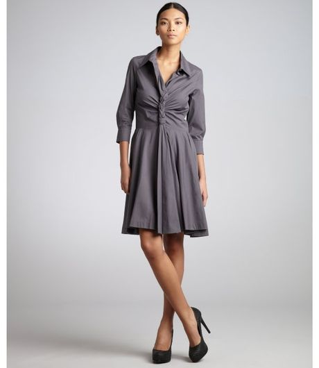 Celine Pewter Stretch Cotton Knotted Front Long Sleeve Shirtdress in Gray (pewter) - Lyst