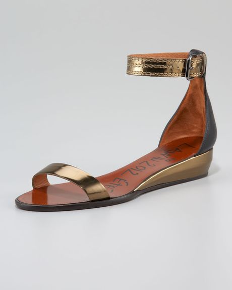 Lanvin Ankle-wrap Low-wedge Sandal in Gold (bronze black) - Lyst