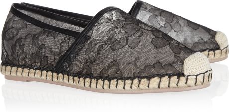 Valentino Leather and Lace Espadrilles in Black - Lyst
