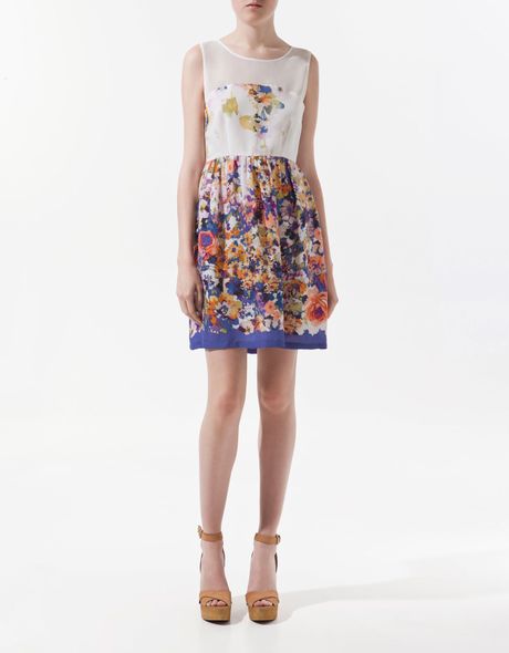 Zara Combined Crepe Dress with Flowers in Blue - Lyst