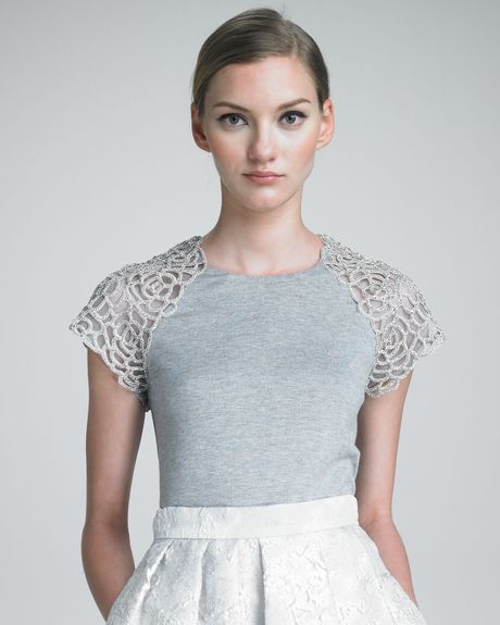 Lela Rose Shortsleeve Knit Top with Tulle Shoulders in Gray (heather gray) - Lyst