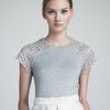 Lela Rose Shortsleeve Knit Top with Tulle Shoulders in Gray (heather gray) - Lyst