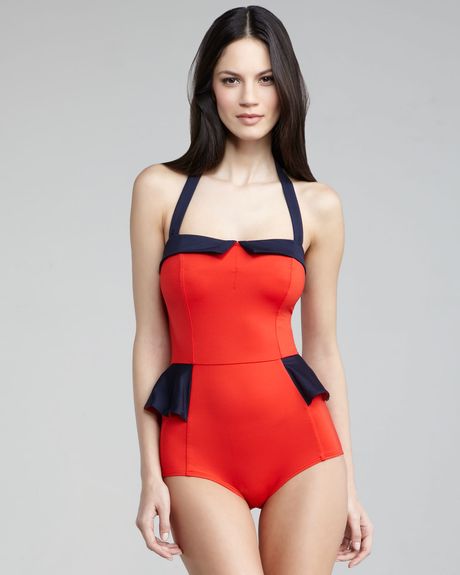 Marc By Marc Jacobs Colorblock Peplum Maillot in Red (flame) - Lyst