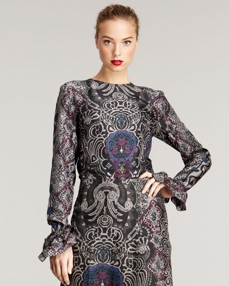 Yves Saint Laurent Printed Rufflecuff Blouse in Gray (multi colors) - Lyst
