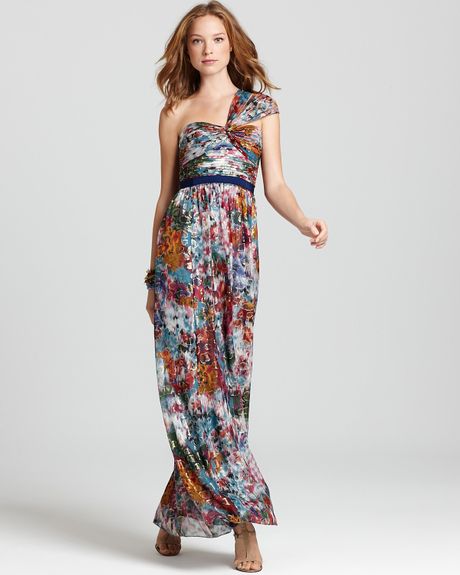 Bcbgmaxazria Gown Inga One Shoulder Metallic Silk in Brown (dark persimmon combo) - Lyst