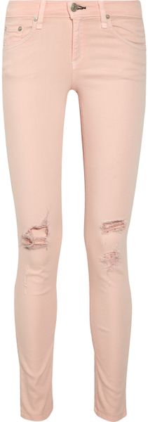 Rag & Bone The Skinny Peach Distressed Lowrise Twill Jeans in Pink - Lyst
