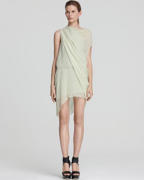 Helmut Lang Dress Belted Silk with Drape Sleeve in White (chlorella) - Lyst