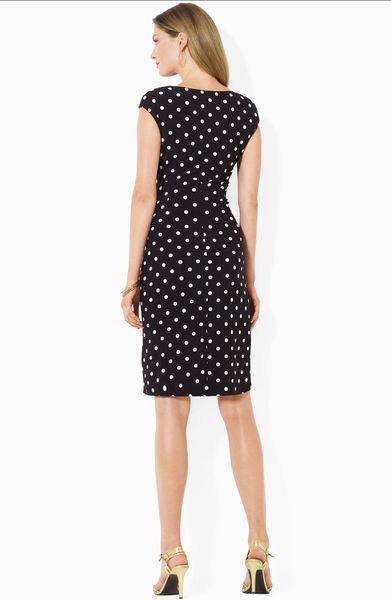 Lauren By Ralph Lauren Polka Dot Faux Wrap Dress in Black (black/ cream) | Lyst