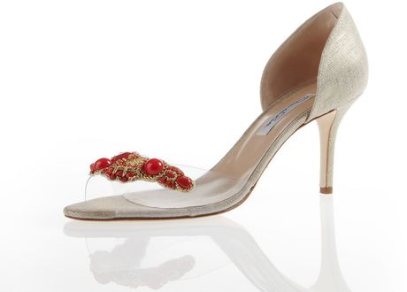 Oscar De La Renta Embroidered Linen Dorsay Heel in Beige (coral) - Lyst