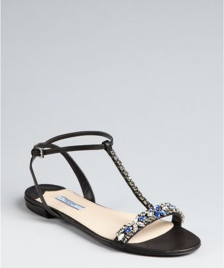 Prada Black Leather Embellished Tstrap Sandals in Black - Lyst