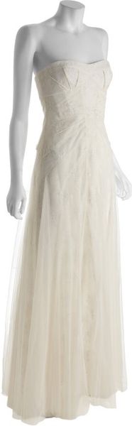 Bcbgmaxazria Off White Floral Mesh Tulle Moriza Long Dress in White - Lyst
