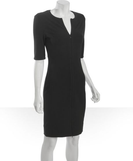 Diane Von Furstenberg Black Knit Jersey Zip Front Three Quarter Sleeve Shift Dress in Black - Lyst