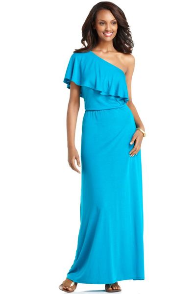 Dkny One Shouder Short Sleeve Ruffle Maxi in Blue (bright peacock) - Lyst
