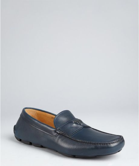Prada Blue Leather Logo Moc Loafers in Blue for Men - Lyst