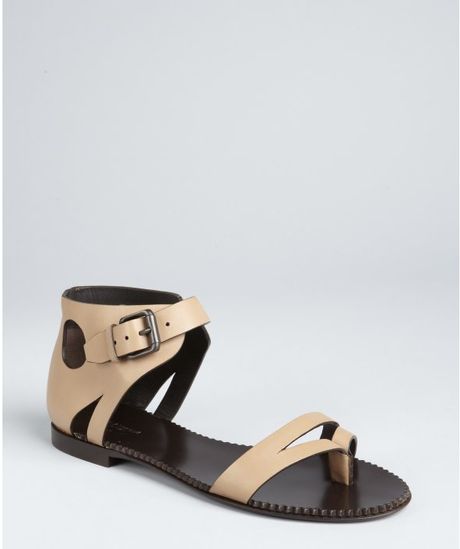 Bottega Veneta Mocha Leather Buckle and Cutout Ankle Flat Sandals in Brown (mocha) - Lyst