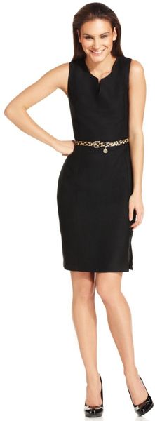  Sleeveless Belted Tweed Sheath 