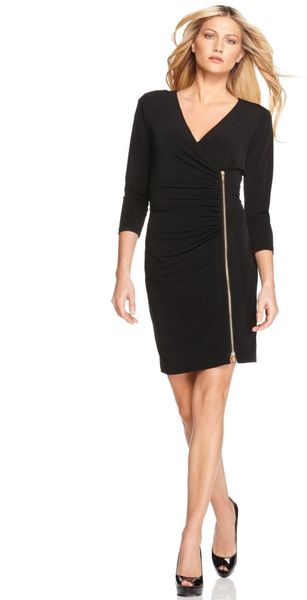  Surplice V Neck Three Quarter Exposed Zipper A Line 