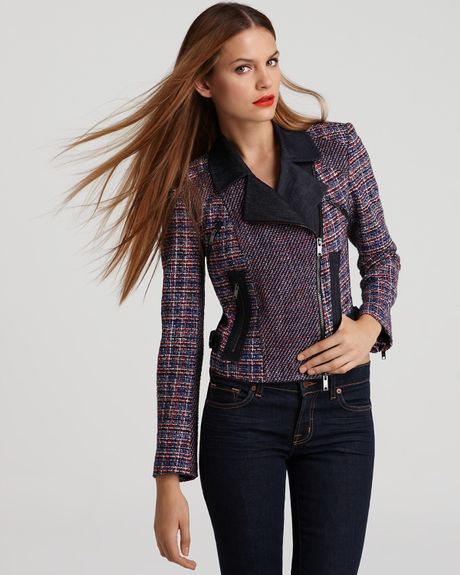 Dkny Bracelet Sleeve Mixed Media Motorcycle Jacket in Blue (indigo blue red) - Lyst