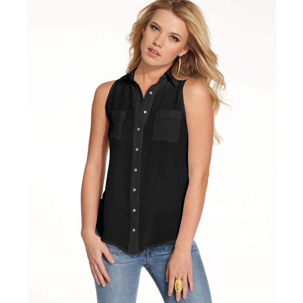 Guess Sleeveless Silk Simona Button Down Blouse in Black (jet black) | Lyst