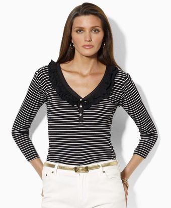 Lauren by Ralph Lauren Rosie Three Quarter Sleeve Ruffle Striped Scoopneck - Lyst