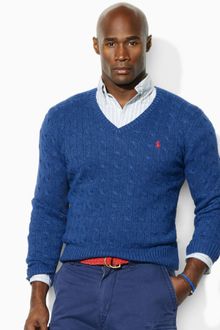 Ralph Lauren Cable Knit Silk V Neck Sweater - Lyst