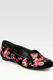 Alexander McQueen Flower Embroidered Velour Smoking Slippers - Lyst