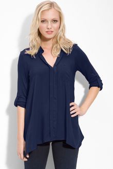 Pleione Split Neck Roll Sleeve Mixed Media Top - Lyst
