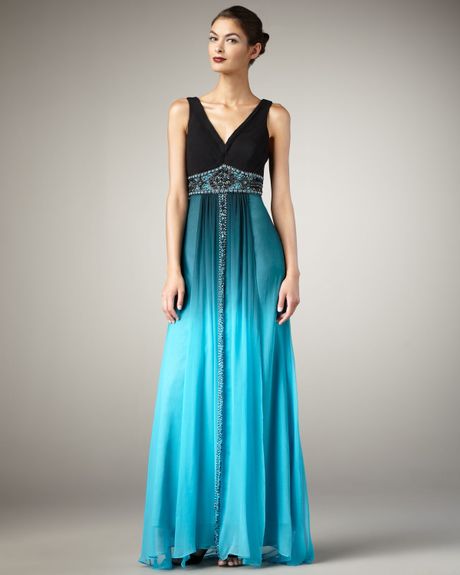 Sue Wong Vneck Ombre Gown in Blue (black turquoise o) - Lyst