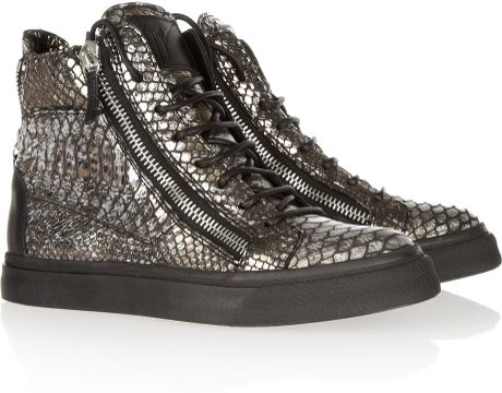 Giuseppe Zanotti Python print Leather Hightop Sneakers in Brown (silver) - Lyst