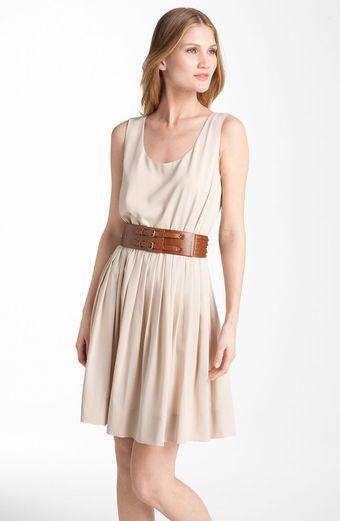 Calvin Klein Scoop Neck Pleated Chiffon Dress - Lyst