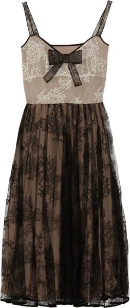 Valentino Pleated Lace Dress in Brown - Lyst