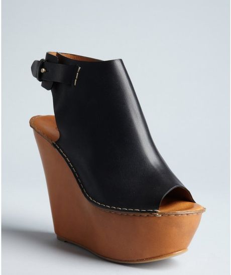 Chloé Black Leather Tucson Peep Toe Wedges in Brown (black) - Lyst