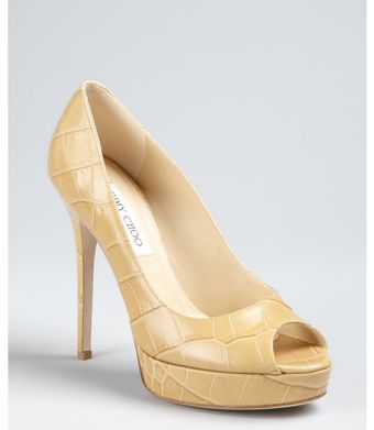  Beige Croc Embossed Leather Crown Peep Toe Platform Pumps 